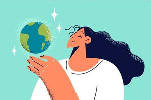 sonriente mujer participación planeta tierra modelo en manos. contento niña con globo cuidado acerca de naturaleza conservación y ecológico problemas. vector ilustración.