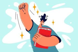 Overjoyed man with book in hands celebrate school academic achievement or success. Smiling guy with textbook triumph with accomplishment. Vector illustration.