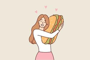 Happy woman hugging giant hamburger missing fast food after long diet to maintain slim figure. Girl smiling broadly holding big hamburger in hands enjoying lunch break during exhausting work vector