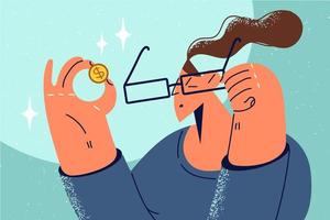 mujer en lentes Mira a dorado moneda conmocionado con pequeño salario. infeliz hembra en gafas examinar dinero moneda. Finanzas y ahorros. vector ilustración.