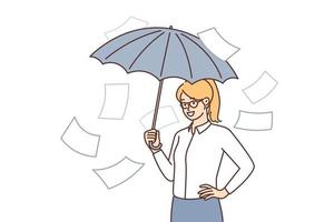 Business woman take refuge with umbrella from falling documents hiding from paperwork and bureaucracy. girl manager is hiding not wanting to do paperwork or collect documents for running own business vector