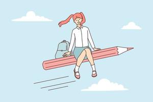 Schoolgirl with backpack sits on giant pencil flying in sky among clouds to be in time for classes at elementary school. Happy schoolgirl heading to study or returning home after finishing class vector