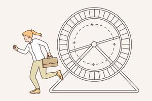 Woman with business briefcase runs near hamster wheel wanting to reach career goal. Metaphor for meaningless and unsuccessful actions on way to achieving goal in business or work in corporate segment vector