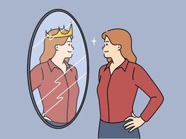 Ambitious woman looks in mirror and sees own reflection with crown symbolizing success. Girl in business clothes dreams of career achievements and successful future in company vector