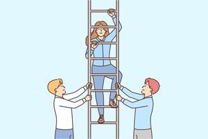 Two men hold ladder with girl for concept close-knit business team and career success. Employees company or startup provide support to colleagues by helping them climb career ladder vector