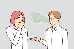 Woman covers nose with hand, feels discomfort communicating with man due to bad breath. Guy with bad breath not brushing teeth causes problems for others after refusing toothpaste vector