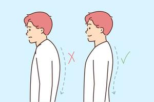 Man demonstrates correct and incorrect posture or hidden spine that negatively affects health. Tick and cross next to posture of guy suffering from osteochondrosis after injury vector