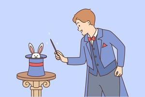 Man magician with wand stands near hat in which rabbit is hiding in preparation for unexpected stunt. magician performs in front of audience showing magic show with amazing tricks vector