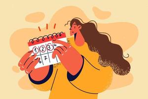 Woman counting days in calendar. Confused girl check dates in agenda. Time management and organization. Vector illustration.