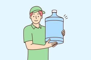 Man works as water delivery man holding large bottle for aqua cooler and looking at camera. Guy in cap and t-shirt working in service of delivering drinking water to offices vector