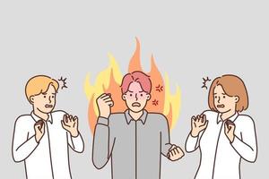 Angry guy office worker swears and waves hands scaring colleagues and creating negative atmosphere in team. Annoyed man with fire behind back symbolizes boss swears on subordinates vector