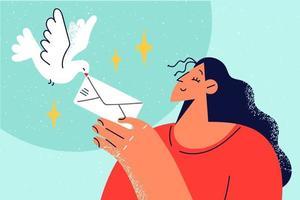 sonriente mujer dar sobre a paloma. contento niña enviar enviar letra por pájaro. correspondencia y envío. vector ilustración.