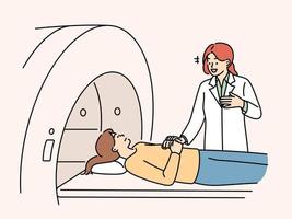 Professional woman doctor prepares patient for tomography procedure to search for congenital diseases. Sick girl lies on tomography equipment after detecting symptoms inflammation vector