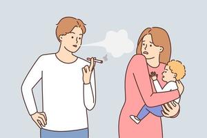 descuidado hombre de fumar cigarrillos en pie siguiente a mujer con infantil en brazos. conmocionado niña intentos a esconder bebé desde cigarrillo fumar mientras caminando cerca de fumar transeúnte