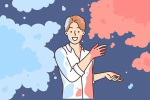 Man in white shirt scatters multi-colored powder on sides, wanting to share bright emotions. Concept creating creative and art workflow to achieve productive result and achieve career success vector