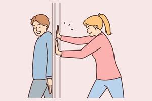 Positive man hides behind door and blocks passage preventing girlfriend from passing or arranging prank to entertain each other. Girl and guy have fun together during weekend, arranging playful vector