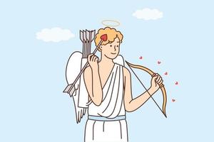 Ancient Greek god cupid with bow and arrow with tip in form of heart stands wanting to give people love. Magic angel Cupid with wings is preparing to shoot to create new couple in love vector