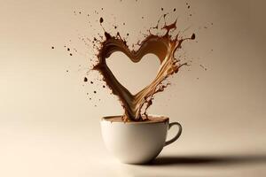 café amar, el café salpicaduras fuera de el café taza en el forma de un corazón flotante en el aire, generativo ai foto