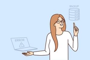 Woman IT specialist wants to recover lost files from backup after laptop crash or server failure. Girl system administrator makes backup important information vector