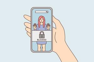 Phone in hand with photo of woman and inscription blocked due to unacceptable behavior. Portrait girl in smartphone screen for concept of blocked and cancelling in social networks vector