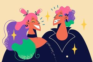 Smiling people with colorful hair feel festive and optimistic. Happy couple of punks showing creative style. Subculture concept. Vector illustration.