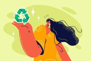 Smiling woman holding recycling logo in hands. Happy female volunteer or activist show care about nature conservation and planet protection. Vector illustration.