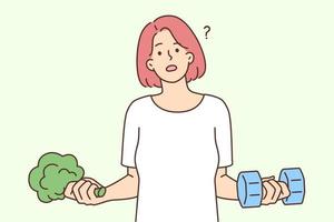 Confused woman holding dumbbells and broccoli wanting to choose way to lose weight between diet and fitness. Thoughtful girl wants to lose weight with exercise and plant food vector