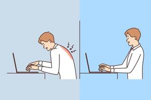 Man with laptop feels pain in back and for incorrect posture or uncomfortable workplace. Guy with computer smiles after getting rid of pain in spine and discomfort for posture vector