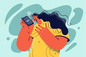 sonriente mujer hablar en altoparlante en Teléfono móvil. contento niña grabar mensaje en teléfono inteligente digital asistente o aplicación en móvil teléfono. tecnología. vector ilustración.