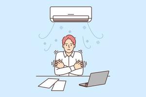 Man sitting at office desk under air conditioner freezes due to cold temperatures or broken climate equipment. Guy tries to warm up after being cold during working day vector