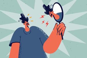 Frustrated man look in mirror see angry self reflection screaming. Confused guy see furious mad face in mirror. Bipolar disorder. Vector illustration.