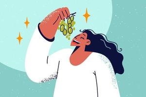 sonriente mujer comiendo Fresco uvas desde rama. contento niña disfrutar frutas seguir sano estilo de vida. nutrición y dieta. vector ilustración.
