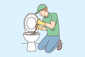 Plumber is repairing toilet bowl using plunger to clean pipes after clogged sewer. Man from plumbing company is on knees removing blockage from toilet bowl vector