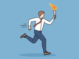 Positive business man runs with champion torch symbolizing professional records and achievements. Guy in business clothes strives to be leader and show outstanding career success vector