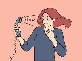 Woman is frightened hears scream or insulting words of interlocutor on wired telephone. Girl suffers from toxic communication with scream and blackmail from stranger calling vector