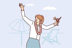 Happy woman in business clothes stands on beach with cocktail in hands dances rejoicing at party Hawaiian style. Girl office worker with Colombian beads around neck is resting during beach party vector