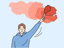 Man gives sos signal with red smoke that needs support after unforeseen situation arises. Guy is holding SOS checker trying to draw attention to himself after he got into trouble vector