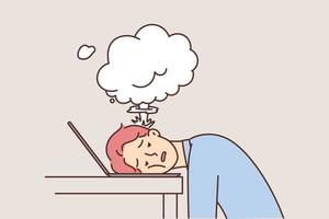 Tortured man put head on keyboard with laptop due to overworked and long lack of rest. Cloud smoke near face of freelancer guy in need vacation or change of scenery after hard project and overworked vector