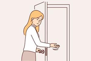 Disgruntled woman secretary invites to enter room opening door for unpleasant person or rival at work. Girl secretary with frown makes inviting hand gesture to ask unwanted visitor or client to leave vector