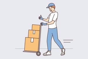 Man at warehouse employee carries cargo cart with cardboard boxes and shows thumbs up. Delivery service employee working in warehouse enjoys cool job in courier or logistics business vector