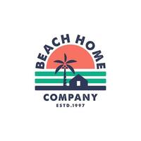 beach sea and sun vintage logo Illustration. and house with palm tree logo vector, tropical beach home or hotel icon design illustration vector