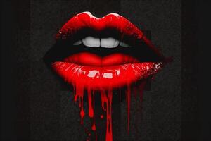 Dripping Gloss red lip, red paint dripping down lips, Gorgeous red lips dripping with lipstick, juice. Conceptual artwork, . photo