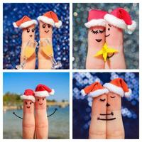 Finger art of a Happy couple. Collage happy couple celebrates Christmas. Couple kissing and hugging in the new year hats. photo