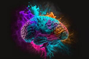 Explosion of cloudy, colorful powder. Freeze motion of color powder exploding, on black background, Concept art of a human brain exploding with knowledge and creativity, . photo