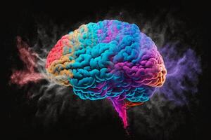 Explosion of cloudy, colorful powder. Freeze motion of color powder exploding, on black background, Concept art of a human brain exploding with knowledge and creativity, . photo