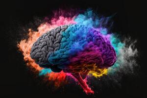 Explosion of cloudy, colorful powder. Freeze motion of color powder exploding, on black background, Concept art of a human brain exploding with knowledge and creativity, . photo