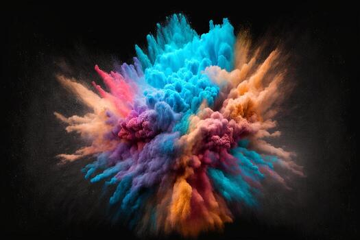 Explosion of cloudy, colorful powder. Freeze motion of color powder exploding, on black background, . photo