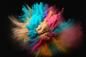 Explosion of cloudy, colorful powder. Freeze motion of color powder exploding, on black background, . photo