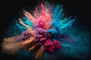 Explosion of cloudy, colorful powder. Freeze motion of color powder exploding, on black background, . photo