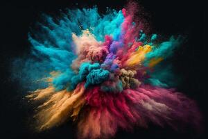 Explosion of cloudy, colorful powder. Freeze motion of color powder exploding, on black background, . photo